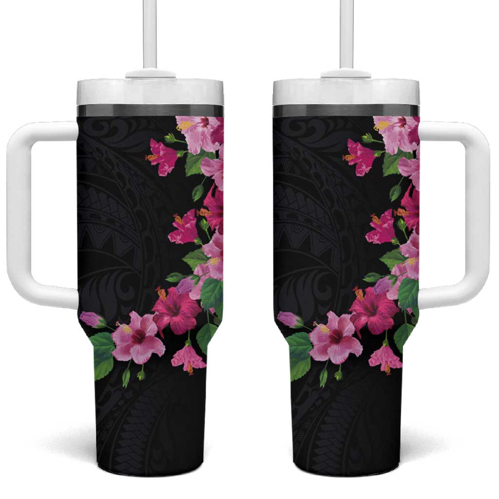 Hawaiian Hibiscus and Art Polynesian Tattoo Tumbler With Handle Black Color