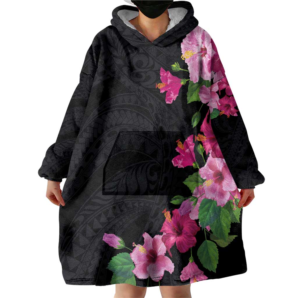 Hawaiian Hibiscus and Art Polynesian Tattoo Wearable Blanket Hoodie Black Color