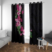 Hawaiian Hibiscus and Art Polynesian Tattoo Window Curtain Black Color