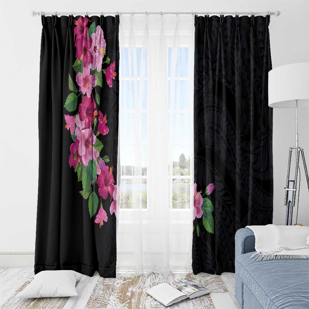 Hawaiian Hibiscus and Art Polynesian Tattoo Window Curtain Black Color
