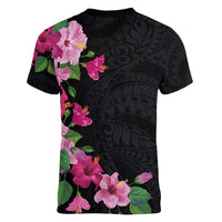 Hawaiian Hibiscus and Art Polynesian Tattoo Women V-Neck T-Shirt Black Color