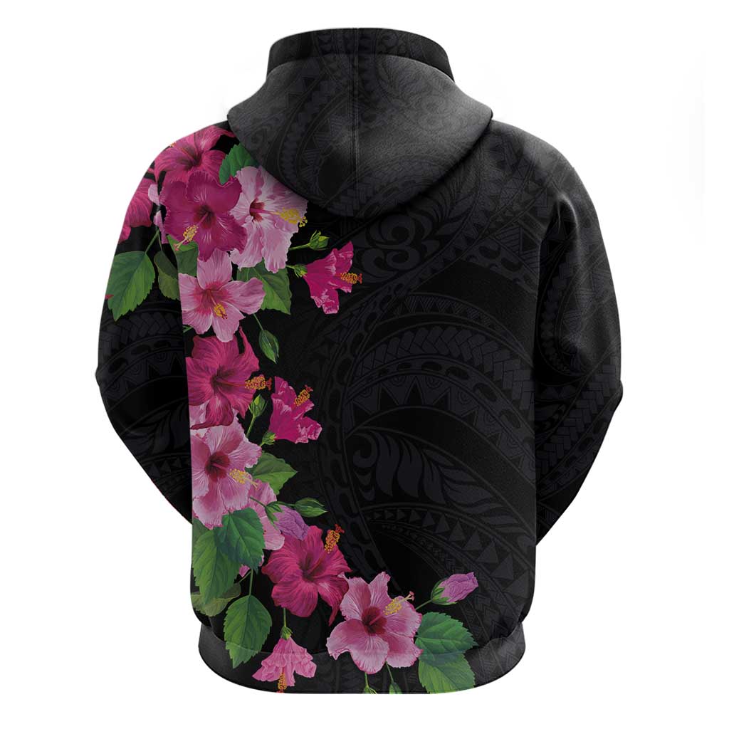 Hawaiian Hibiscus and Art Polynesian Tattoo Zip Hoodie Black Color