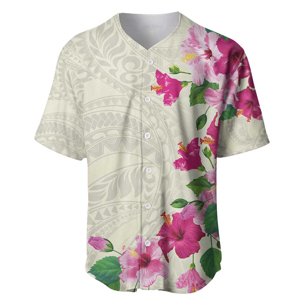 Hawaiian Hibiscus and Art Polynesian Tattoo Baseball Jersey Beige Color