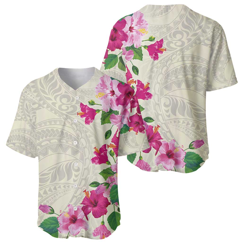 Hawaiian Hibiscus and Art Polynesian Tattoo Baseball Jersey Beige Color