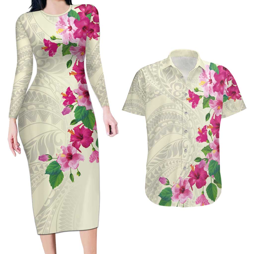 Hawaiian Hibiscus and Art Polynesian Tattoo Couples Matching Long Sleeve Bodycon Dress and Hawaiian Shirt Beige Color LT03 Beige - Polynesian Pride