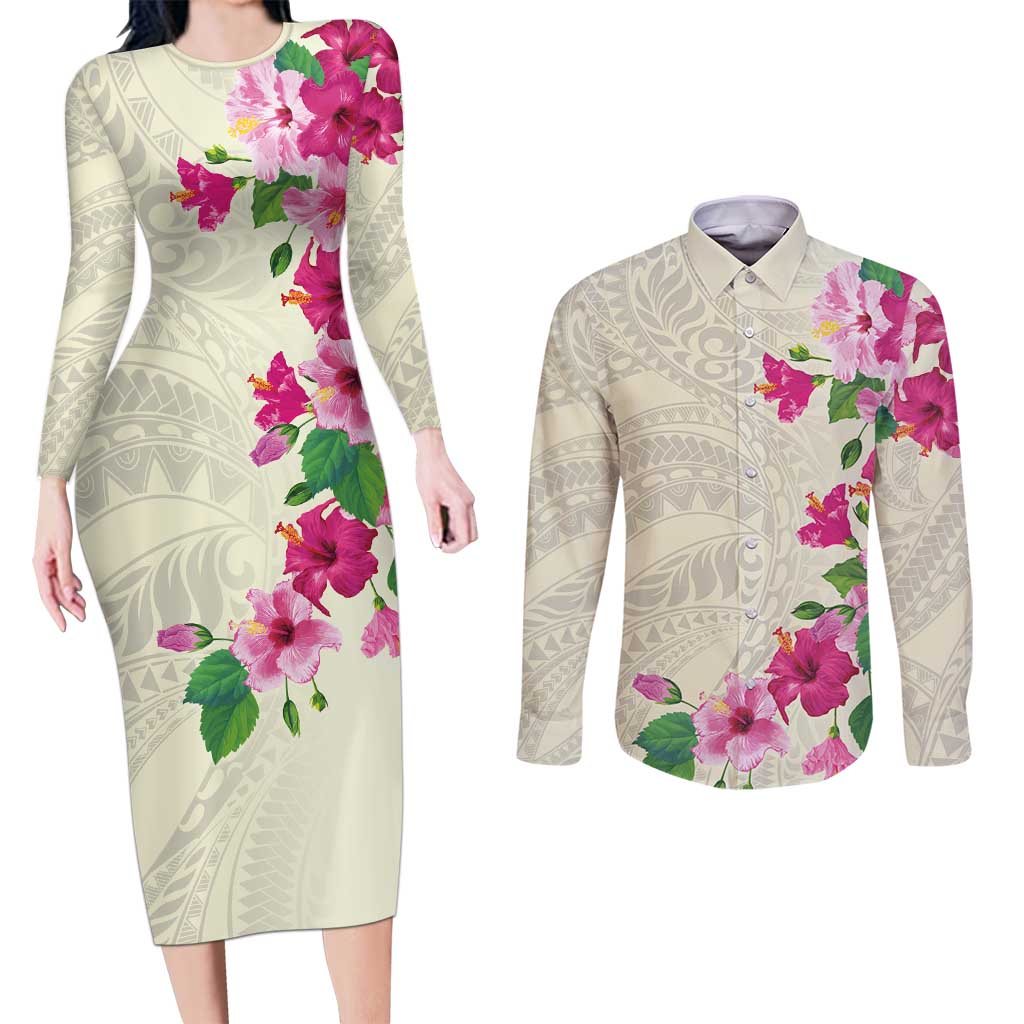 Hawaiian Hibiscus and Art Polynesian Tattoo Couples Matching Long Sleeve Bodycon Dress and Long Sleeve Button Shirt Beige Color