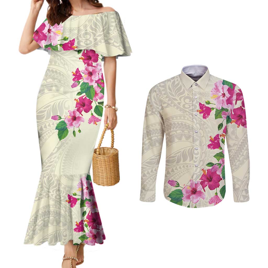 Hawaiian Hibiscus and Art Polynesian Tattoo Couples Matching Mermaid Dress and Long Sleeve Button Shirt Beige Color LT03 Beige - Polynesian Pride