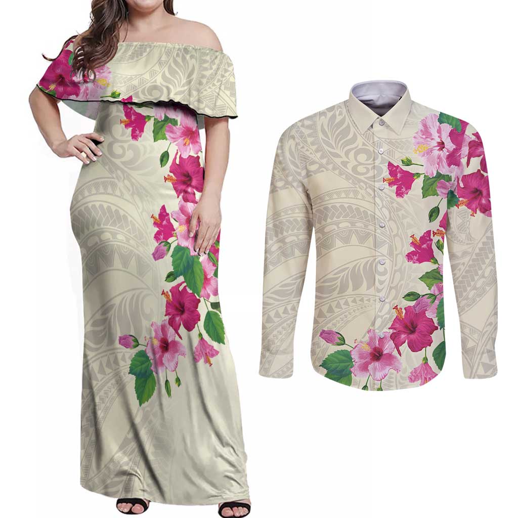 Hawaiian Hibiscus and Art Polynesian Tattoo Couples Matching Off Shoulder Maxi Dress and Long Sleeve Button Shirt Beige Color LT03 Beige - Polynesian Pride