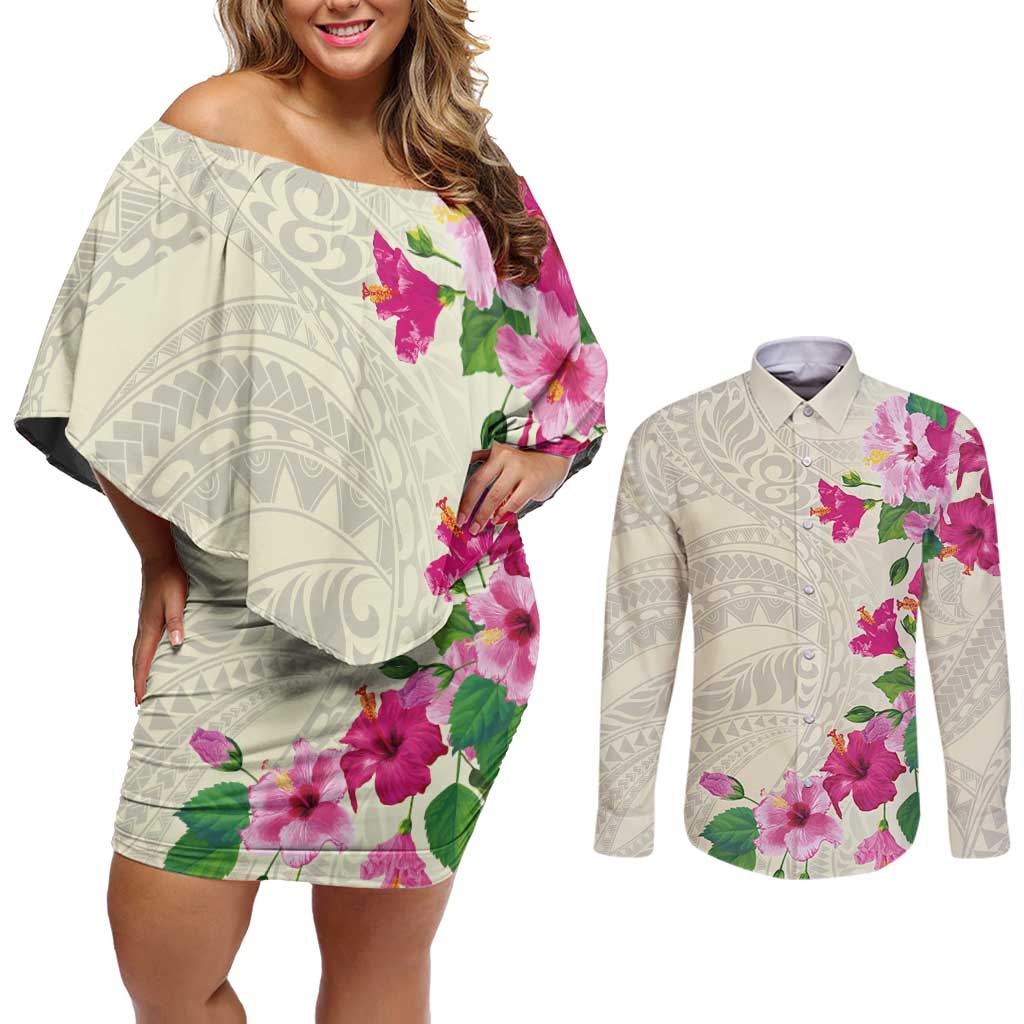 Hawaiian Hibiscus and Art Polynesian Tattoo Couples Matching Off Shoulder Short Dress and Long Sleeve Button Shirt Beige Color LT03 Beige - Polynesian Pride