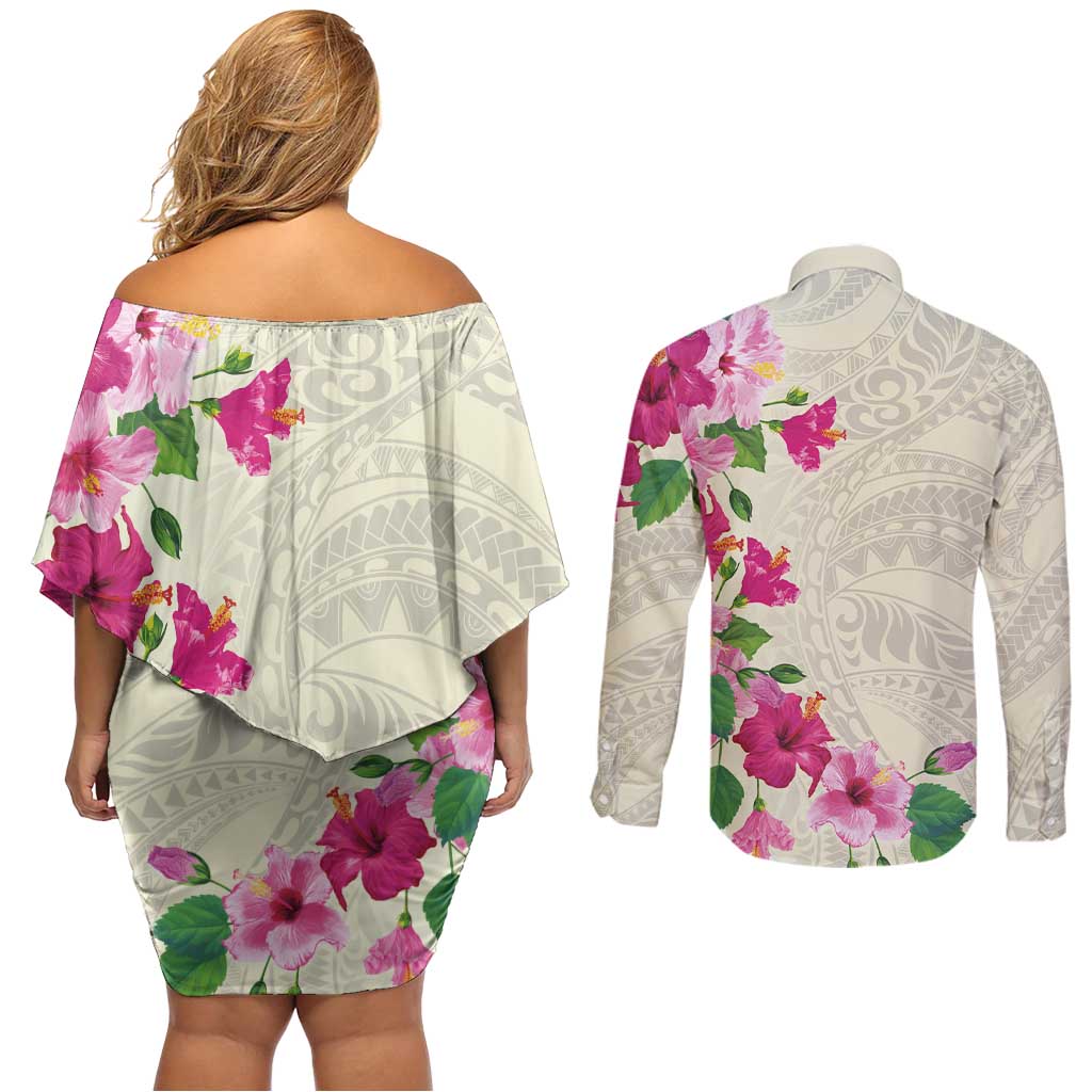 Hawaiian Hibiscus and Art Polynesian Tattoo Couples Matching Off Shoulder Short Dress and Long Sleeve Button Shirt Beige Color