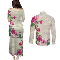 Hawaiian Hibiscus and Art Polynesian Tattoo Couples Matching Puletasi and Long Sleeve Button Shirt Beige Color