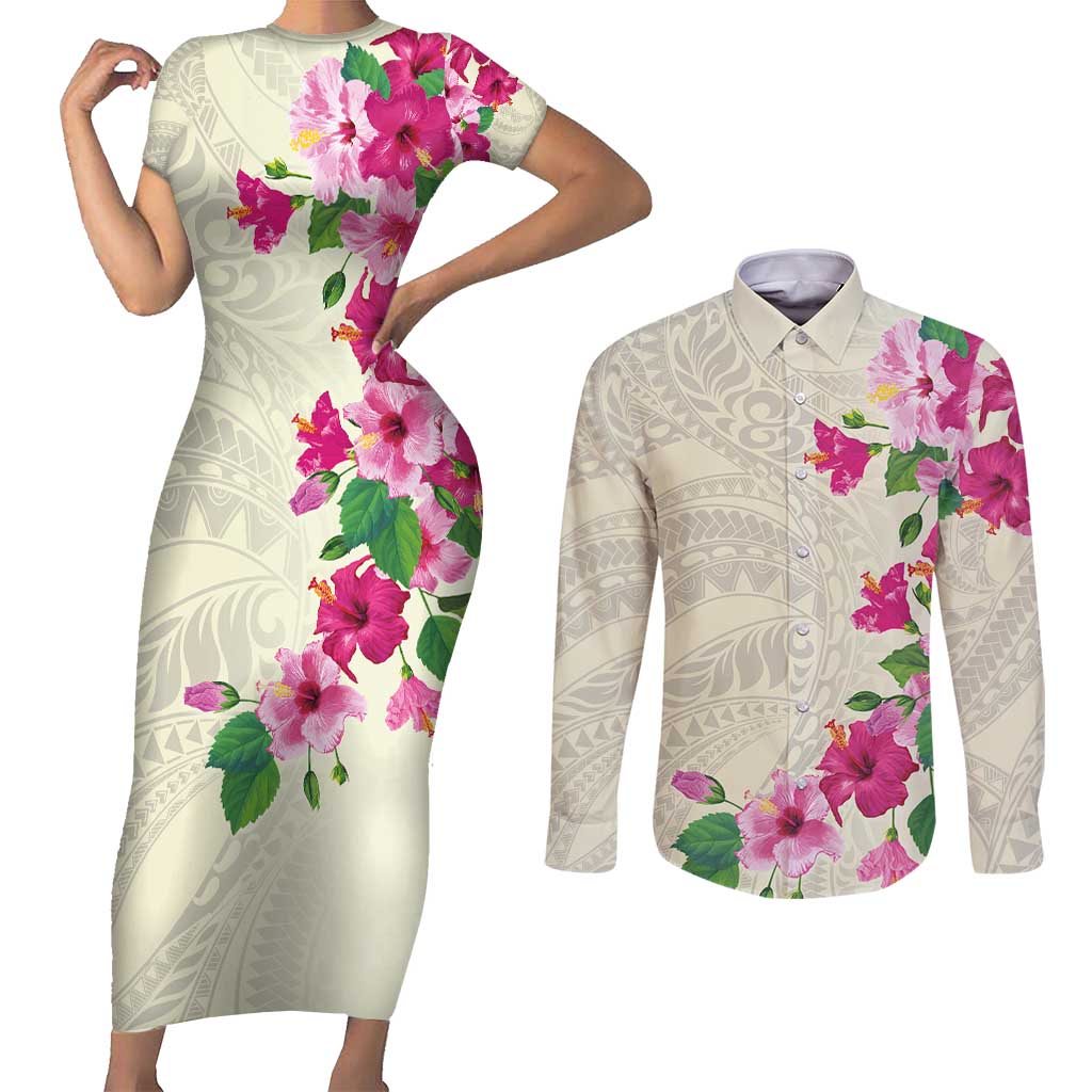 Hawaiian Hibiscus and Art Polynesian Tattoo Couples Matching Short Sleeve Bodycon Dress and Long Sleeve Button Shirt Beige Color LT03 Beige - Polynesian Pride