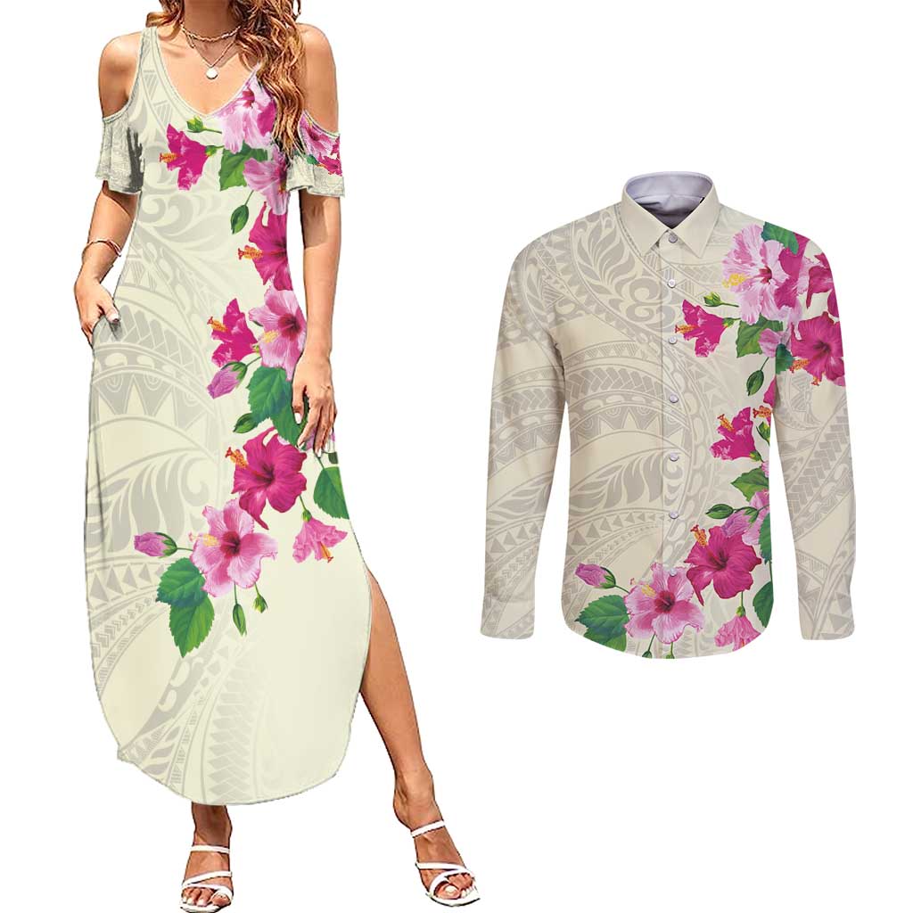 Hawaiian Hibiscus and Art Polynesian Tattoo Couples Matching Summer Maxi Dress and Long Sleeve Button Shirt Beige Color LT03 Beige - Polynesian Pride