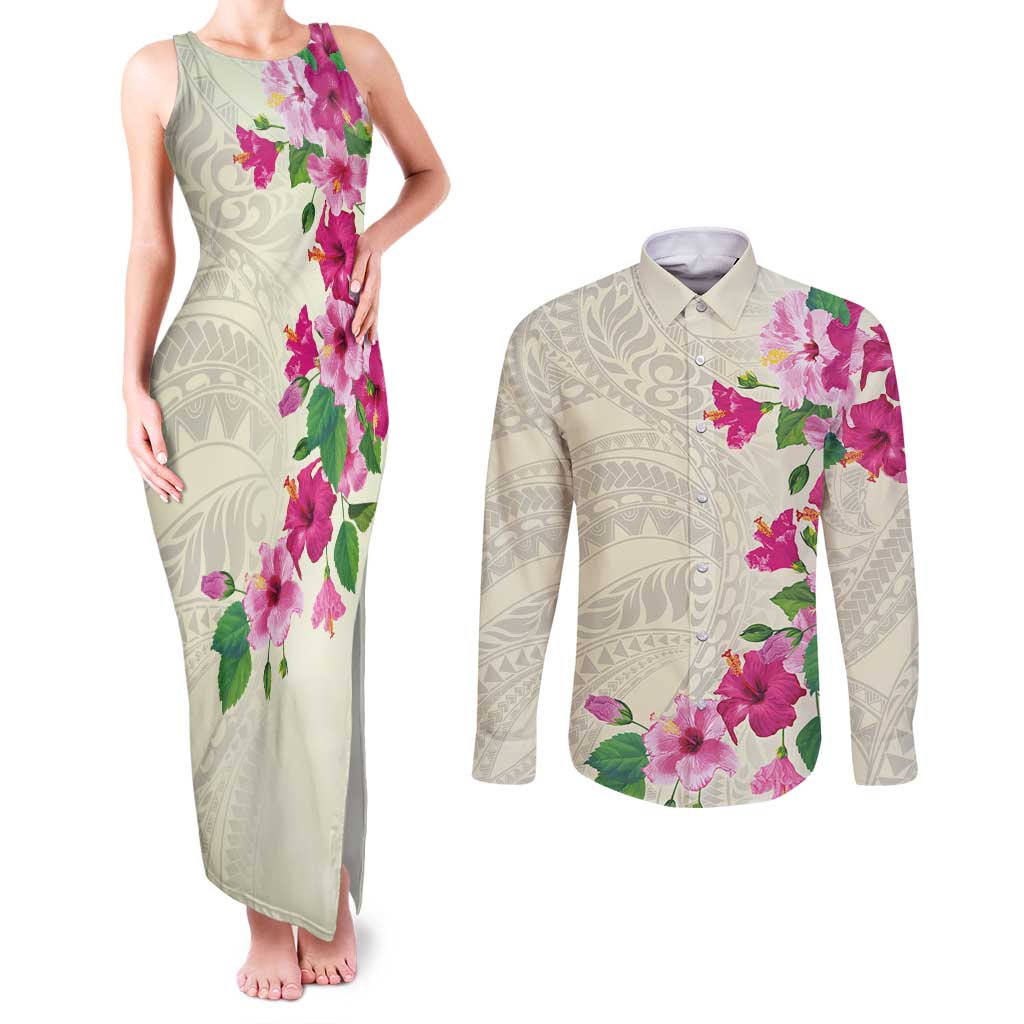 Hawaiian Hibiscus and Art Polynesian Tattoo Couples Matching Tank Maxi Dress and Long Sleeve Button Shirt Beige Color LT03 Beige - Polynesian Pride