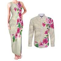 Hawaiian Hibiscus and Art Polynesian Tattoo Couples Matching Tank Maxi Dress and Long Sleeve Button Shirt Beige Color