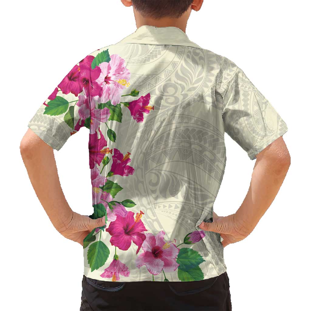 Hawaiian Hibiscus and Art Polynesian Tattoo Family Matching Long Sleeve Bodycon Dress and Hawaiian Shirt Beige Color LT03 - Polynesian Pride