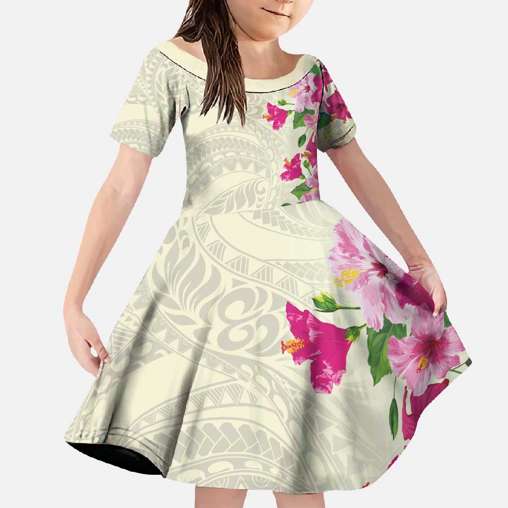 Hawaiian Hibiscus and Art Polynesian Tattoo Family Matching Long Sleeve Bodycon Dress and Hawaiian Shirt Beige Color LT03 Daughter's Dress Beige - Polynesian Pride
