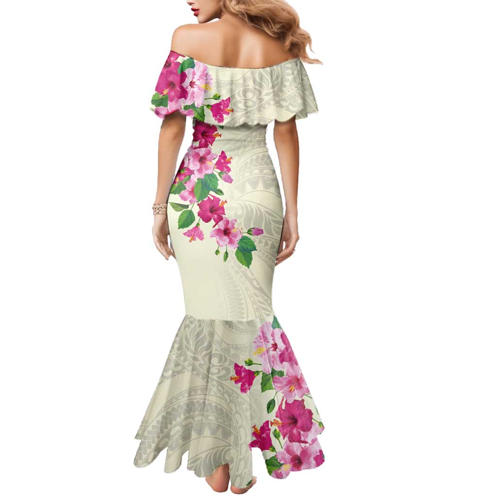 Hawaiian Hibiscus and Art Polynesian Tattoo Family Matching Mermaid Dress and Hawaiian Shirt Beige Color