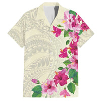 Hawaiian Hibiscus and Art Polynesian Tattoo Family Matching Off Shoulder Maxi Dress and Hawaiian Shirt Beige Color