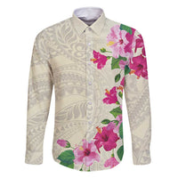 Hawaiian Hibiscus and Art Polynesian Tattoo Family Matching Summer Maxi Dress and Hawaiian Shirt Beige Color LT03 Dad's Shirt - Long Sleeve Beige - Polynesian Pride