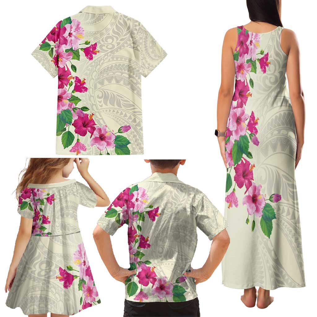 Hawaiian Hibiscus and Art Polynesian Tattoo Family Matching Tank Maxi Dress and Hawaiian Shirt Beige Color