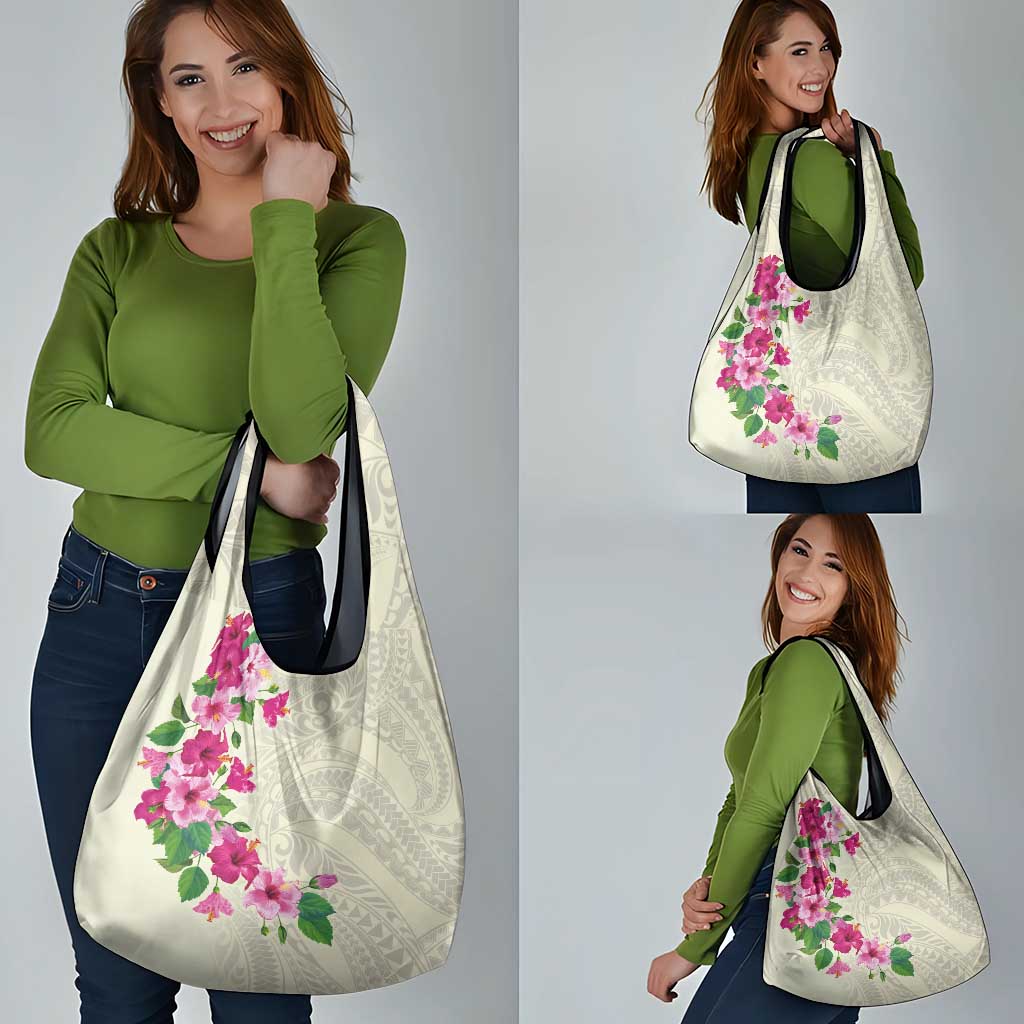 Hawaiian Hibiscus and Art Polynesian Tattoo Grocery Bag Beige Color
