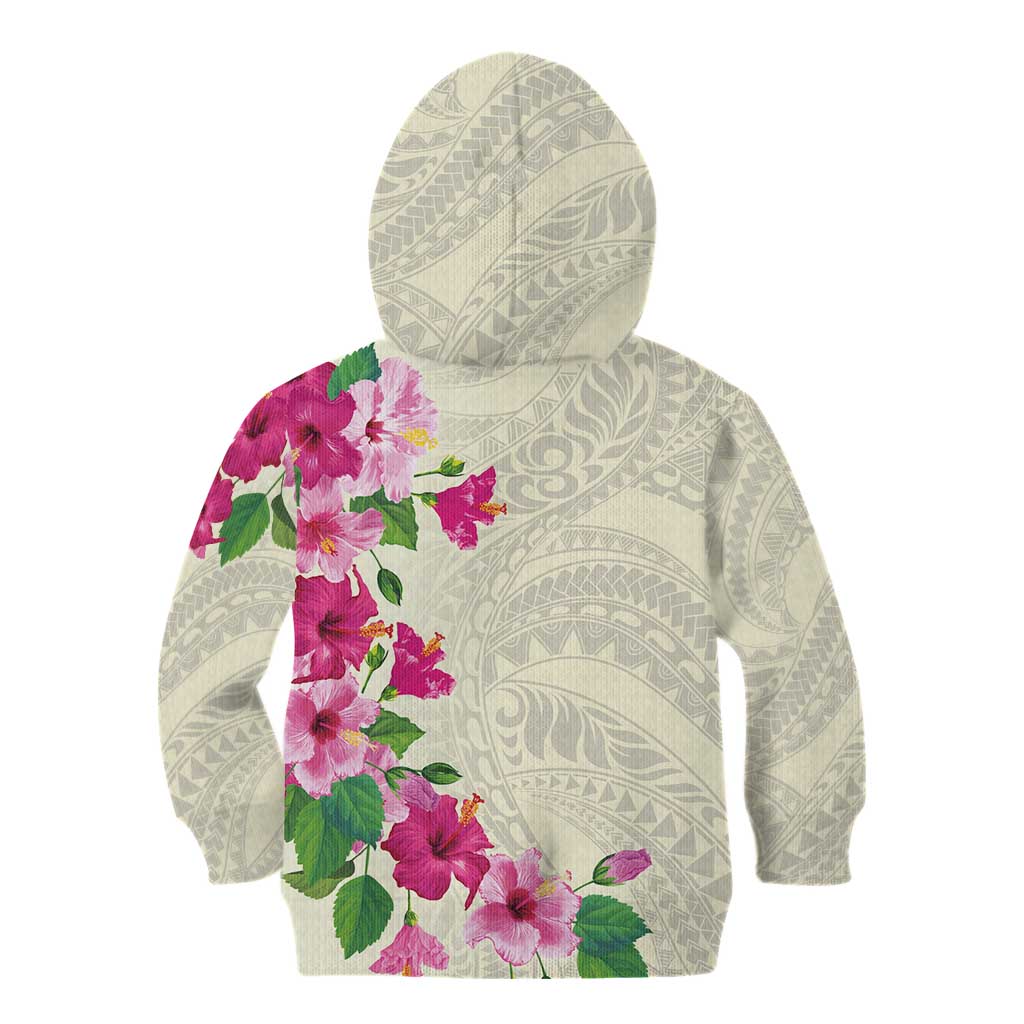 Hawaiian Hibiscus and Art Polynesian Tattoo Kid Hoodie Beige Color