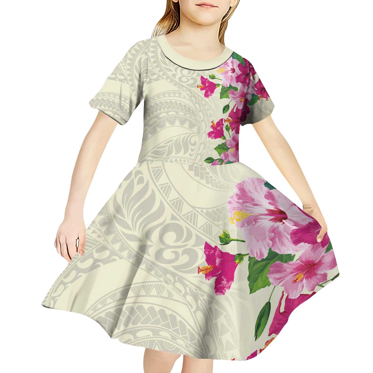 Hawaiian Hibiscus and Art Polynesian Tattoo Kid Short Sleeve Dress Beige Color