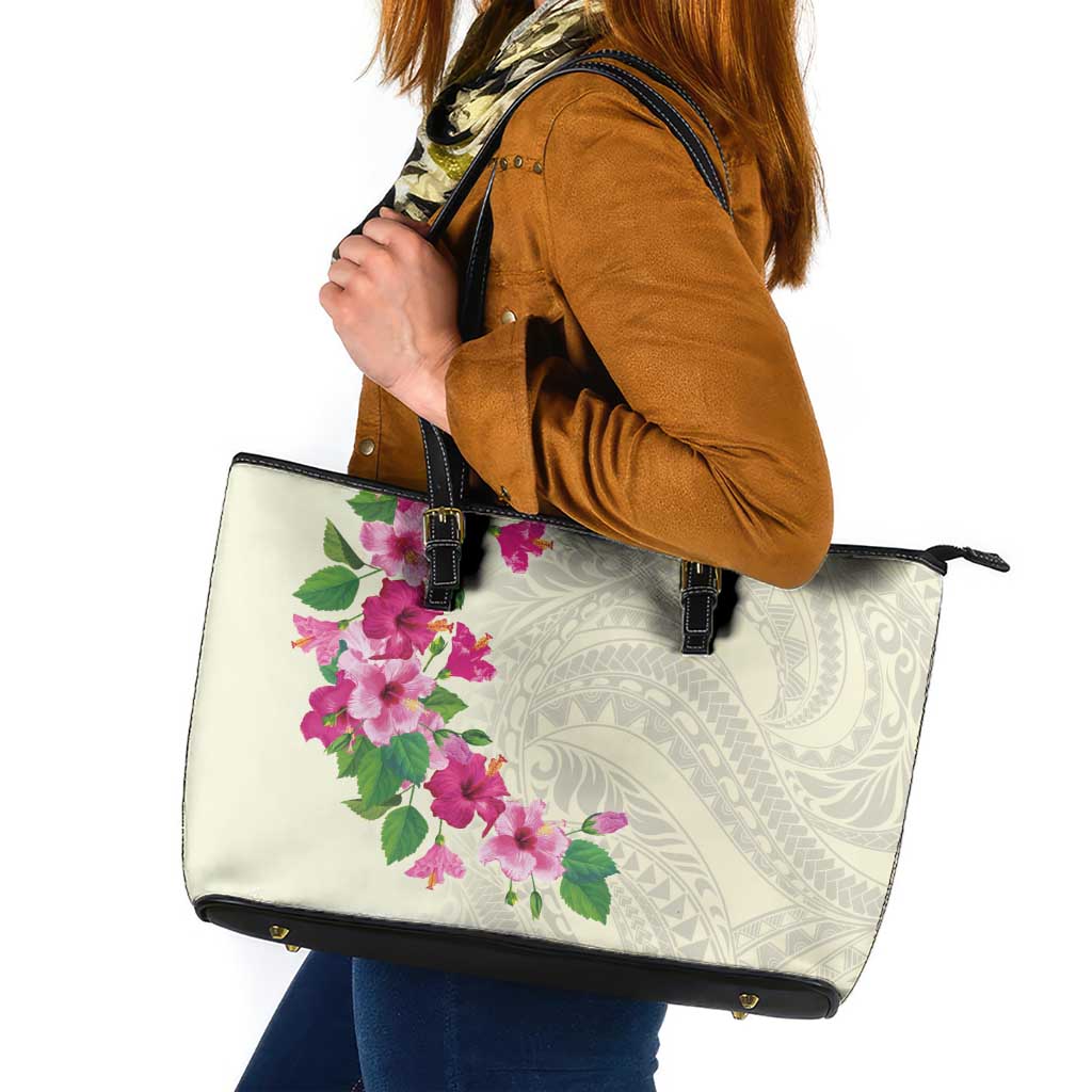 Hawaiian Hibiscus and Art Polynesian Tattoo Leather Tote Bag Beige Color LT03 Beige - Polynesian Pride