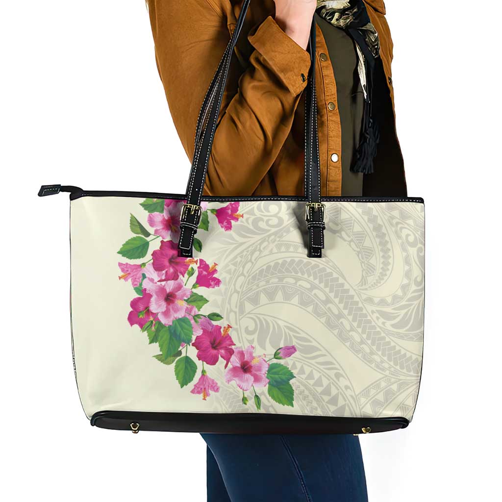 Hawaiian Hibiscus and Art Polynesian Tattoo Leather Tote Bag Beige Color LT03 - Polynesian Pride