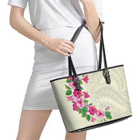 Hawaiian Hibiscus and Art Polynesian Tattoo Leather Tote Bag Beige Color LT03 - Polynesian Pride