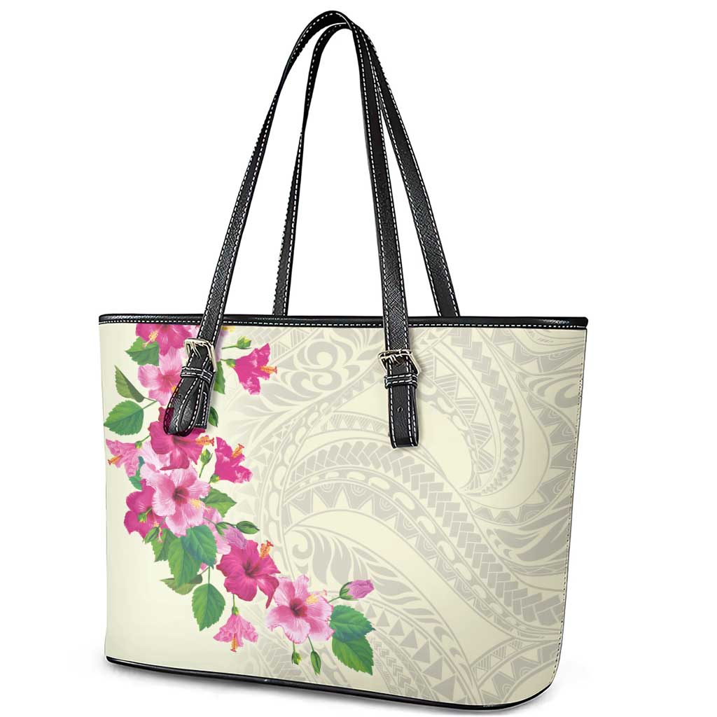 Hawaiian Hibiscus and Art Polynesian Tattoo Leather Tote Bag Beige Color LT03 - Polynesian Pride