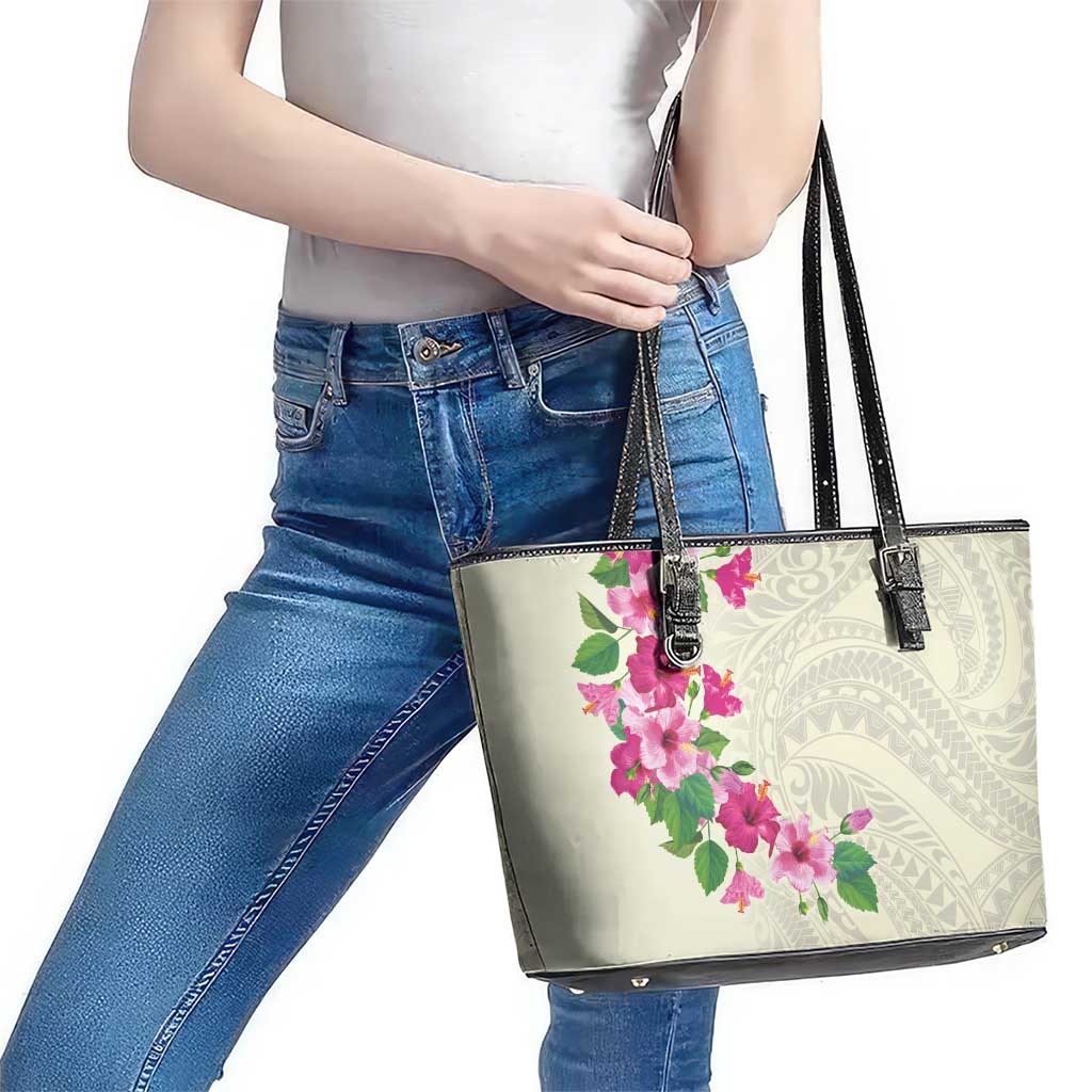 Hawaiian Hibiscus and Art Polynesian Tattoo Leather Tote Bag Beige Color LT03 - Polynesian Pride