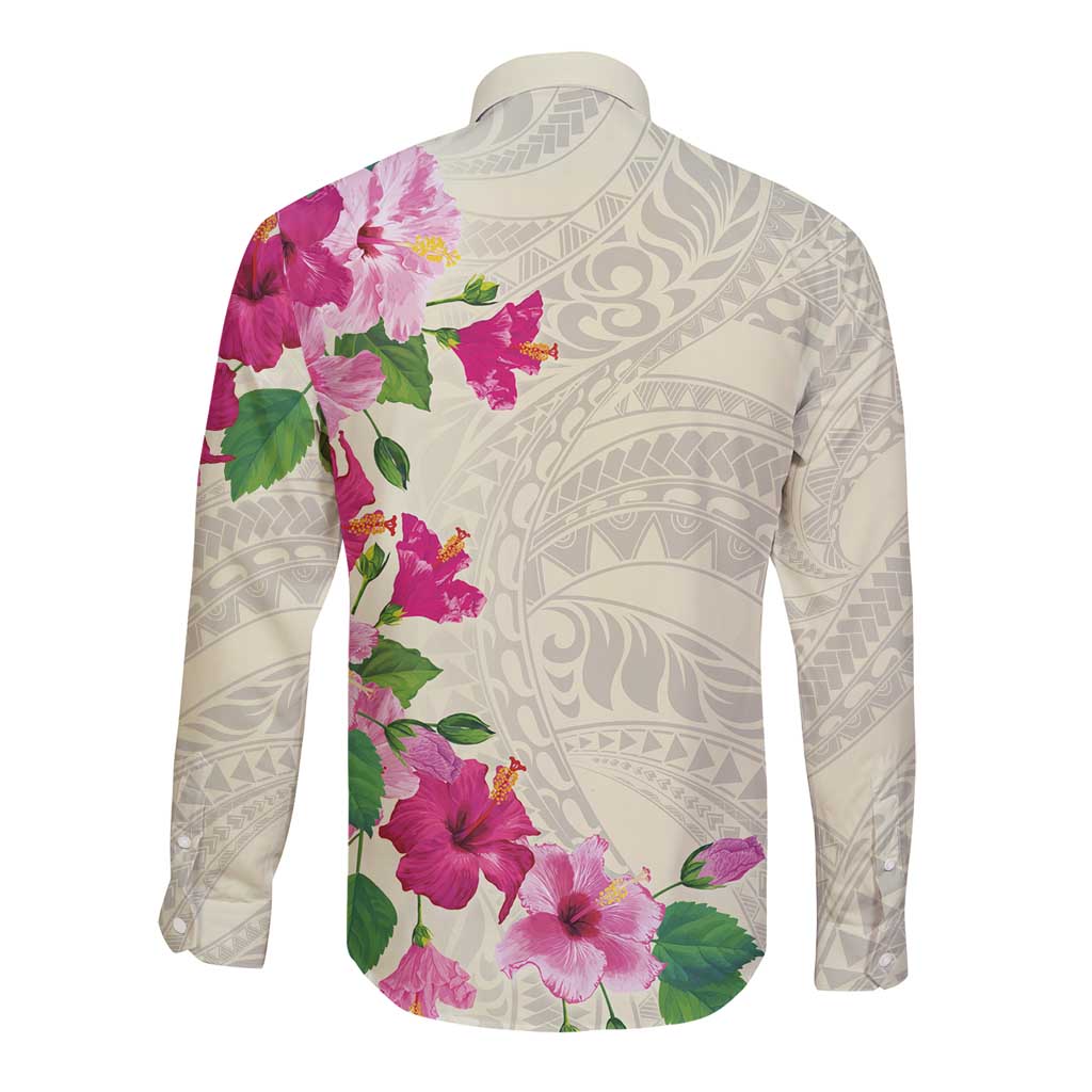 Hawaiian Hibiscus and Art Polynesian Tattoo Long Sleeve Button Shirt Beige Color LT03 - Polynesian Pride