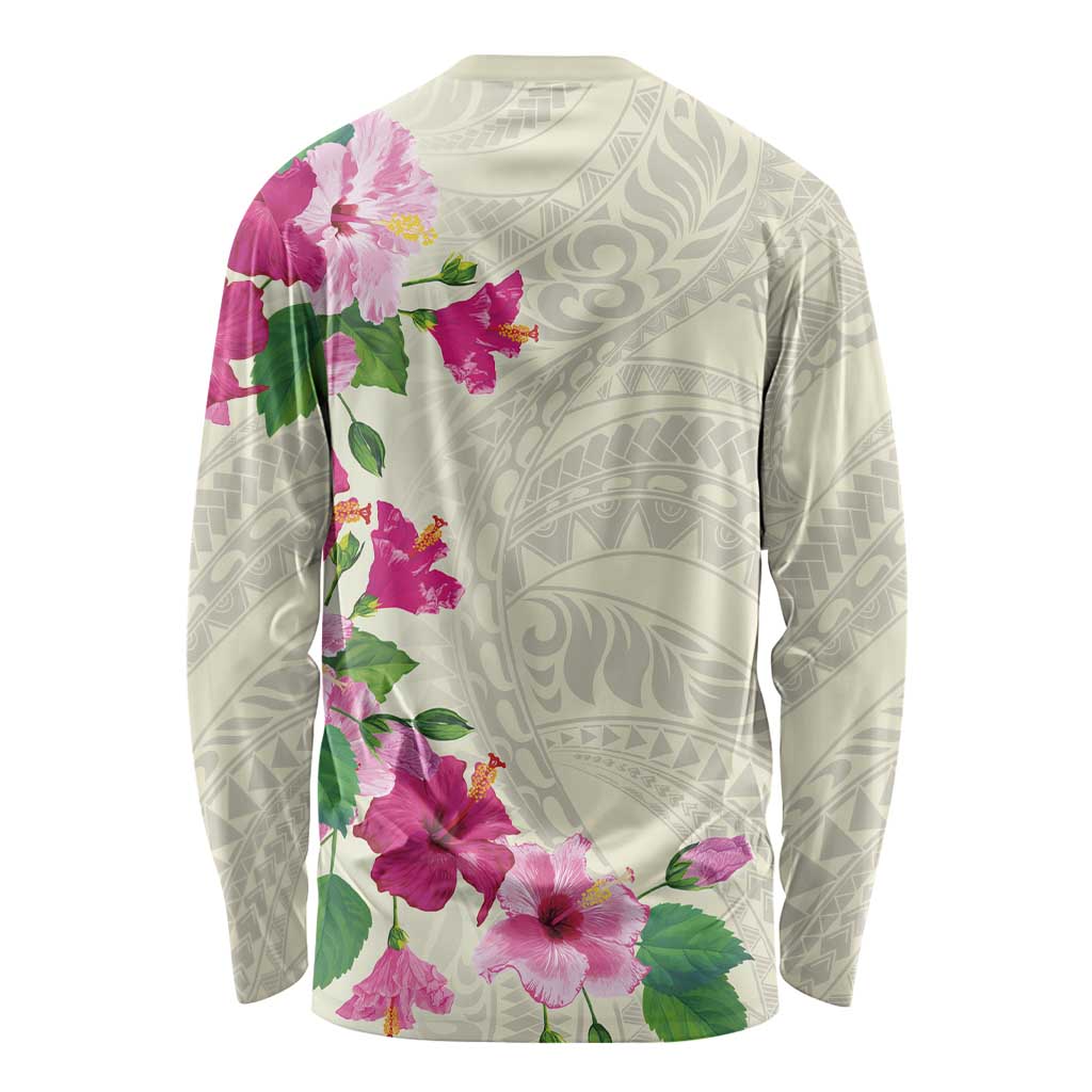 Hawaiian Hibiscus and Art Polynesian Tattoo Long Sleeve Shirt Beige Color LT03 - Polynesian Pride