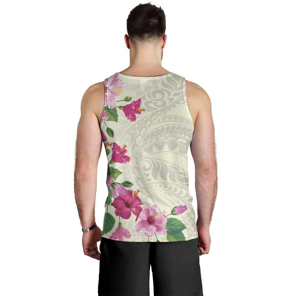 Hawaiian Hibiscus and Art Polynesian Tattoo Men Tank Top Beige Color
