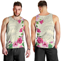 Hawaiian Hibiscus and Art Polynesian Tattoo Men Tank Top Beige Color