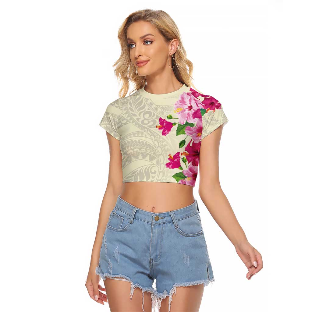 Hawaiian Hibiscus and Art Polynesian Tattoo Raglan Cropped T Shirt Beige Color LT03 Female Beige - Polynesian Pride