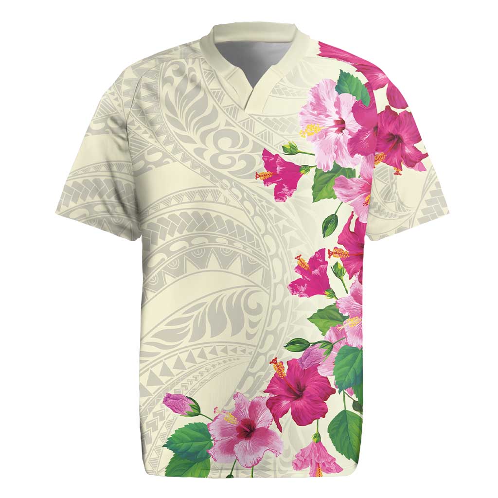 Hawaiian Hibiscus and Art Polynesian Tattoo Rugby Jersey Beige Color LT03 Beige - Polynesian Pride