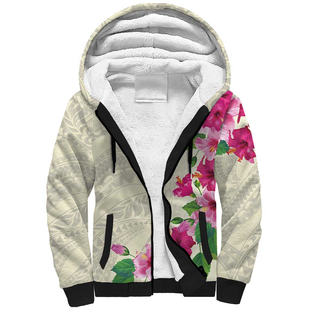Hawaiian Hibiscus and Art Polynesian Tattoo Sherpa Hoodie Beige Color