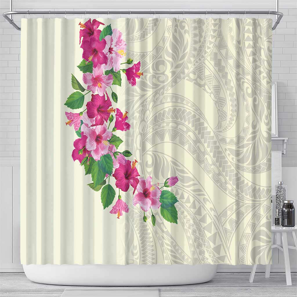 Hawaiian Hibiscus and Art Polynesian Tattoo Shower Curtain Beige Color LT03 - Polynesian Pride