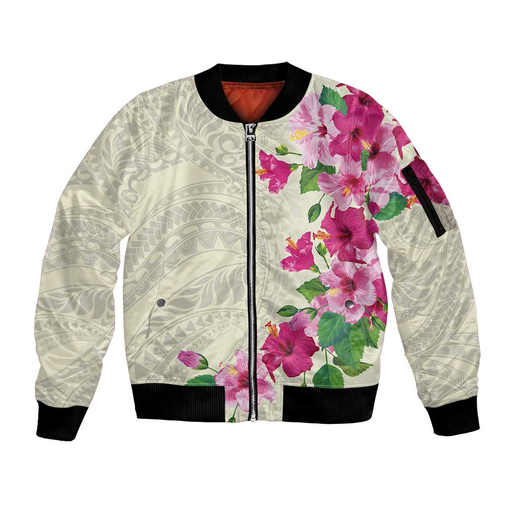Hawaiian Hibiscus and Art Polynesian Tattoo Sleeve Zip Bomber Jacket Beige Color LT03 Unisex Beige - Polynesian Pride