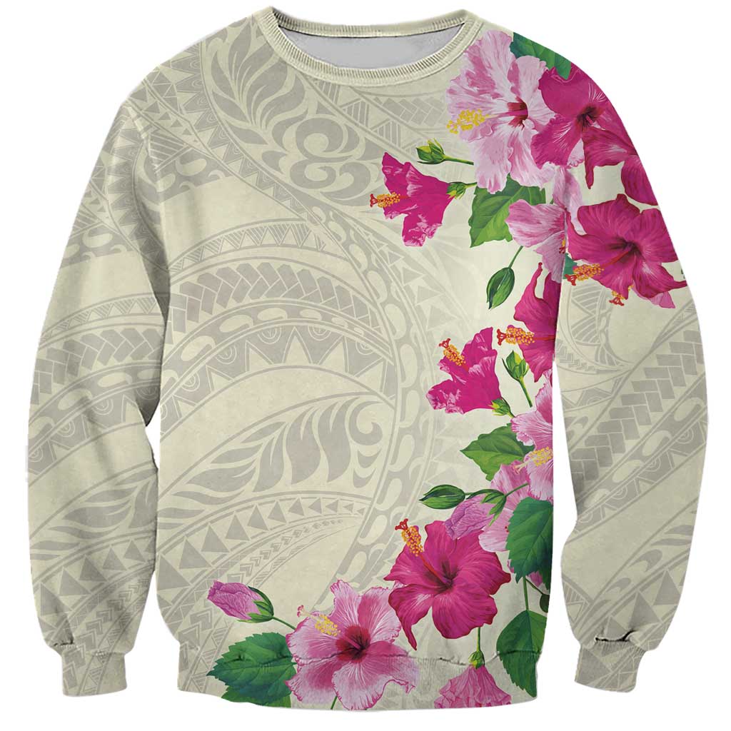 Hawaiian Hibiscus and Art Polynesian Tattoo Sweatshirt Beige Color