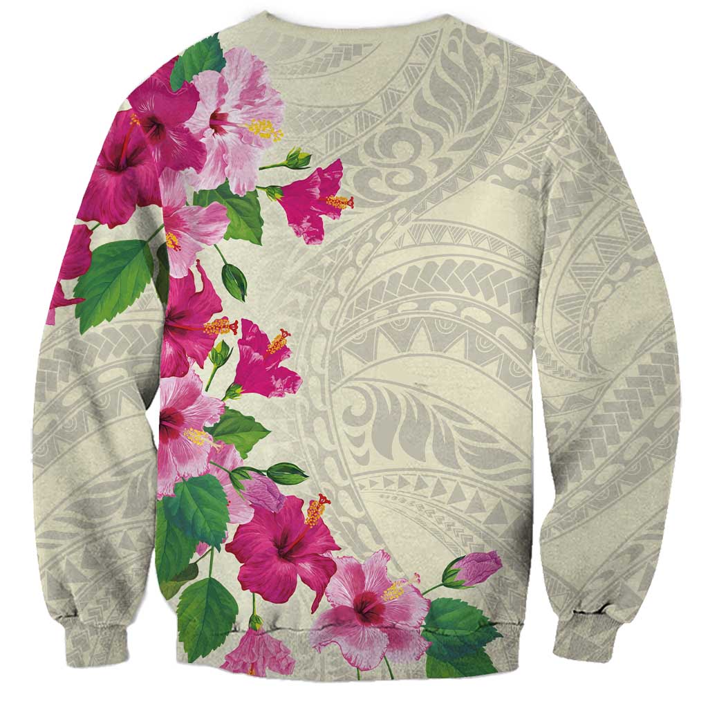 Hawaiian Hibiscus and Art Polynesian Tattoo Sweatshirt Beige Color