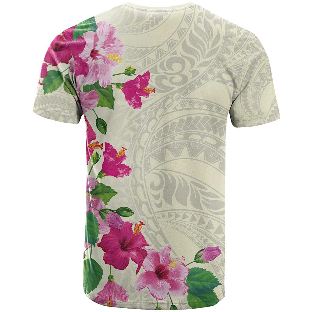 Hawaiian Hibiscus and Art Polynesian Tattoo T Shirt Beige Color
