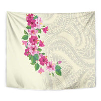 Hawaiian Hibiscus and Art Polynesian Tattoo Tapestry Beige Color