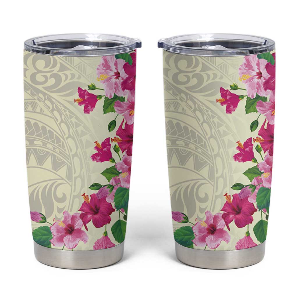 Hawaiian Hibiscus and Art Polynesian Tattoo Tumbler Cup Beige Color