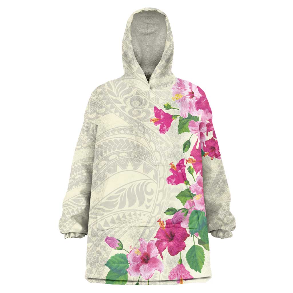 Hawaiian Hibiscus and Art Polynesian Tattoo Wearable Blanket Hoodie Beige Color LT03 One Size Beige - Polynesian Pride