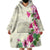 Hawaiian Hibiscus and Art Polynesian Tattoo Wearable Blanket Hoodie Beige Color
