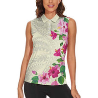 Hawaiian Hibiscus and Art Polynesian Tattoo Women Sleeveless Polo Shirt Beige Color